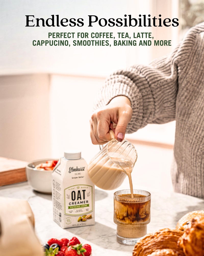 Elmhurst 1925 Pistachio Crème Oat Creamer - 16 Ounce (Pack of 6) Dairy-Free, Vegan, Kosher, Low Sugar, Shelf Stable Creamer Made with Oat Grains & Pistachios for Simpler Plant Based Alternatives - Image 4